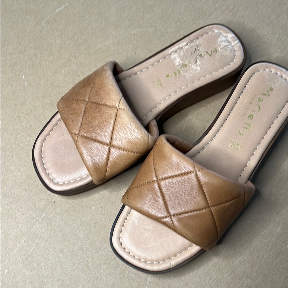 Tan Quilted Slip-On Sandals with Flat Sole